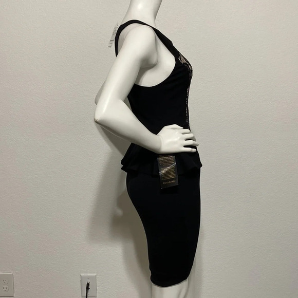 bebe NWT Briana Bonded Lace Jersey Peplum Sleeveless Bodycon Mini Dress … - Picture 8 of 9